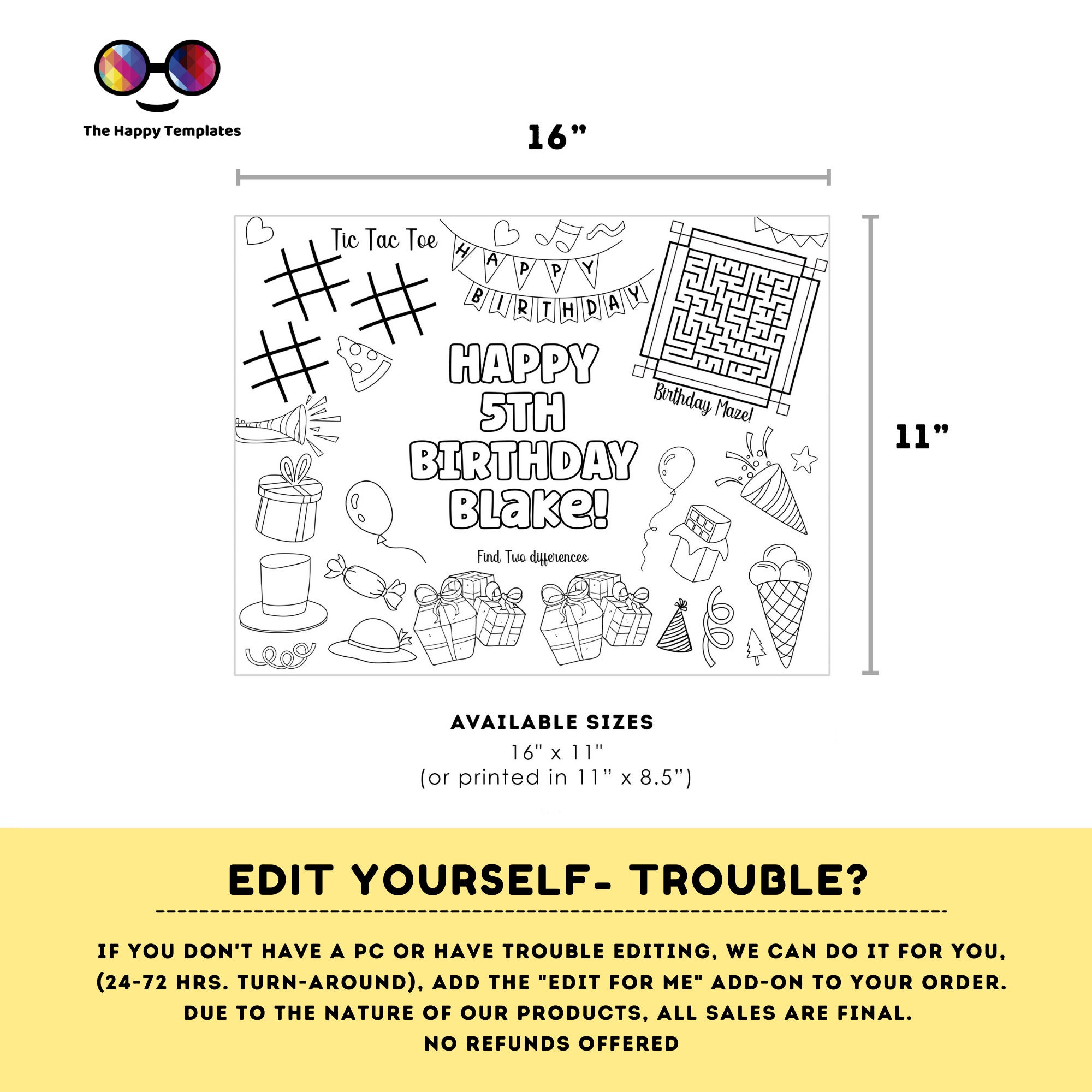 Editable Happy Birthday Coloring Page | Placemat Coloring Page | Any ...