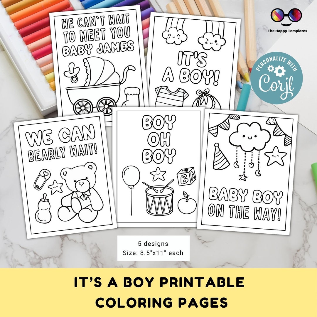 Editable Baby Shower Coloring Page | 5 Designs | Baby Boy Shower Placemat | Any Age | Baby ...