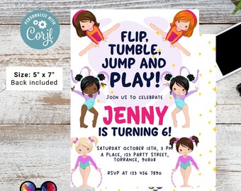 Flip, tumble, Jump and Play Editable Gymnastics Birthday Invitation | Girl Tumbling Gymnast Birthday Invite | tumble on over Party #K233