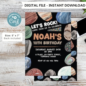 Editable let&#39;s rock Birthday Invitation Template | Rocks Birthday Invitations | Printable Birthday | Geology Birthday Invitation | Boy #K175