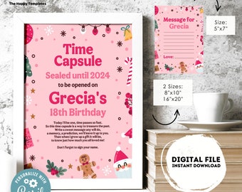 Puede incluir: Señal rosa imprimible de cápsula del tiempo con temática navideña. La señal dice "Cápsula del tiempo Sellada hasta 2024 para abrir en el 18 cumpleaños de Grecia". Incluye una ilustración de un hombre de jengibre y Santa Claus. La señal está disponible en tres tamaños: 13x18 cm, 20x25 cm y 41x51 cm.