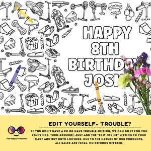 Op de afbeelding: Een zwart-witte kleurplaat met een verjaardagsslogan voor Josh. De slogan luidt "Happy 8th Birthday Josh". De pagina is omringd door afbeeldingen van skateboards, scooters, schoenen en andere items die te maken hebben met skateboarden.