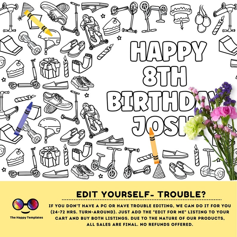 Op de afbeelding: Een zwart-witte kleurplaat met een verjaardagsslogan voor Josh. De slogan luidt "Happy 8th Birthday Josh". De pagina is omringd door afbeeldingen van skateboards, scooters, schoenen en andere items die te maken hebben met skateboarden.