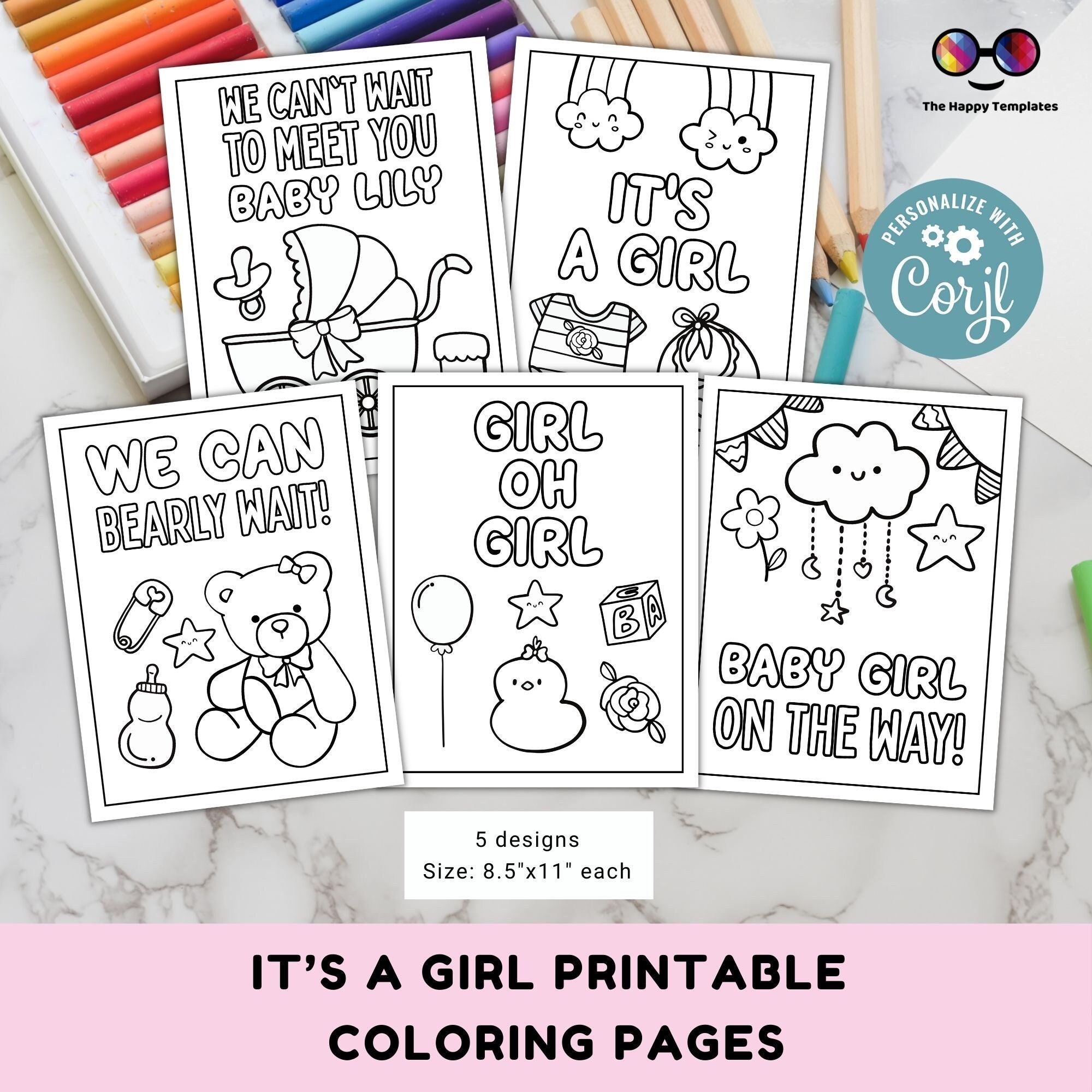 Editable Baby shower coloring page | 5 designs | Baby girl shower Placemat | Any Age | Baby shower | It's a girl