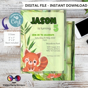 Trasformando cinque inviti / Invito panda rosso verde / Invito bambù / Invito panda rosso carino / Modifica te stesso e download istantaneo #K7