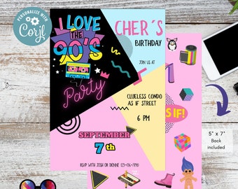 Bewerkbare jaren 90 verjaardagsuitnodiging | Retro zwarte en roze uitnodiging | Jaren 90 Verjaardagsfeestje Terug naar de jaren 90 Thema Jaren 90 feest Nostalgische jaren 90 #K390