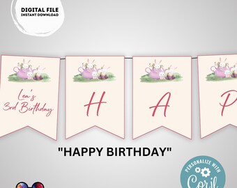 May include: A pink and white banner with the words "HAPPY BIRTHDAY" and a teacup with bunnies on each flag. The first flag says "Lea's 3rd Birthday".