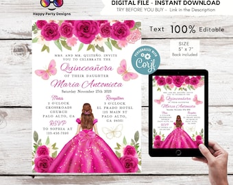 Editable FUCHSIA dress Quinceañera Invitation | EDITABLE TEMPLATE Mis Quince 15 | 16th Birthday Instant Download | Girl Birthday #K169