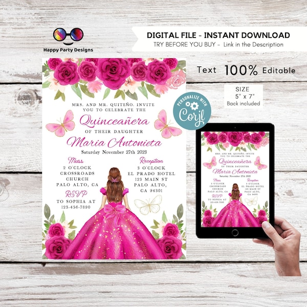 Bewerkbare FUCHSIA jurk Quinceañera Uitnodiging | BEWERKBAAR SJABLOON Mis Quince 15 | 16e verjaardag Instant Download | Meisje Verjaardag #K169