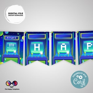 Editable Happy Birthday Neon Blue Arcade Banner | Arcade Neon Glow in the dark Birthday Banner | Acade Birthday Banner | party #K248