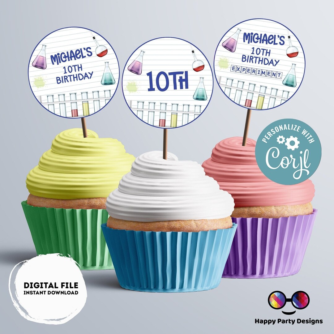 Science Topper Sticker Editable Science Round Cupcake Toppers | Science Birthday | Science ...
