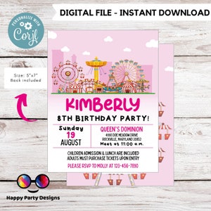 Karneval Geburtstag Einladung | Vergnügungspark Einladung | Vergnügungspark Party | Bearbeitbar Sofort Download |Geburtstag Mädchen Online bearbeiten #K270