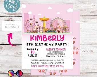 May include: Pink and white printable invitation for an 8th birthday party with a carnival theme. The invitation features a cartoon illustration of a carnival with a Ferris wheel, roller coaster, and other rides. The text on the invitation reads "Kimberly 8th Birthday Party!" and includes the date, time, and location of the party.