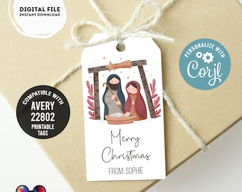 Può includere: Etichetta regalo di Natale stampabile con un'illustrazione ad acquerello della scena della Natività con Maria, Giuseppe e Gesù bambino. L'etichetta è bianca con un bordo marrone e il testo "Buon Natale" e "Da: Sophie".