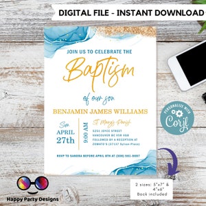 Blue Watercolor Baptism Invitation Template | Gold Christening Baptism | Invitation Boy | Christening | Instant Download | Minimalist #B32