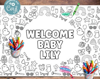 Editable XL baby shower coloring table runner | Table runner coloring page | printable | Baby girl | Baby shower activity | party decor