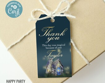 May include: A navy blue gift tag with the words "Thank you" in gold script. The tag features a whimsical illustration of a fairy house and the text "This day was magical because of you Taylor". The tag is tied with twine.