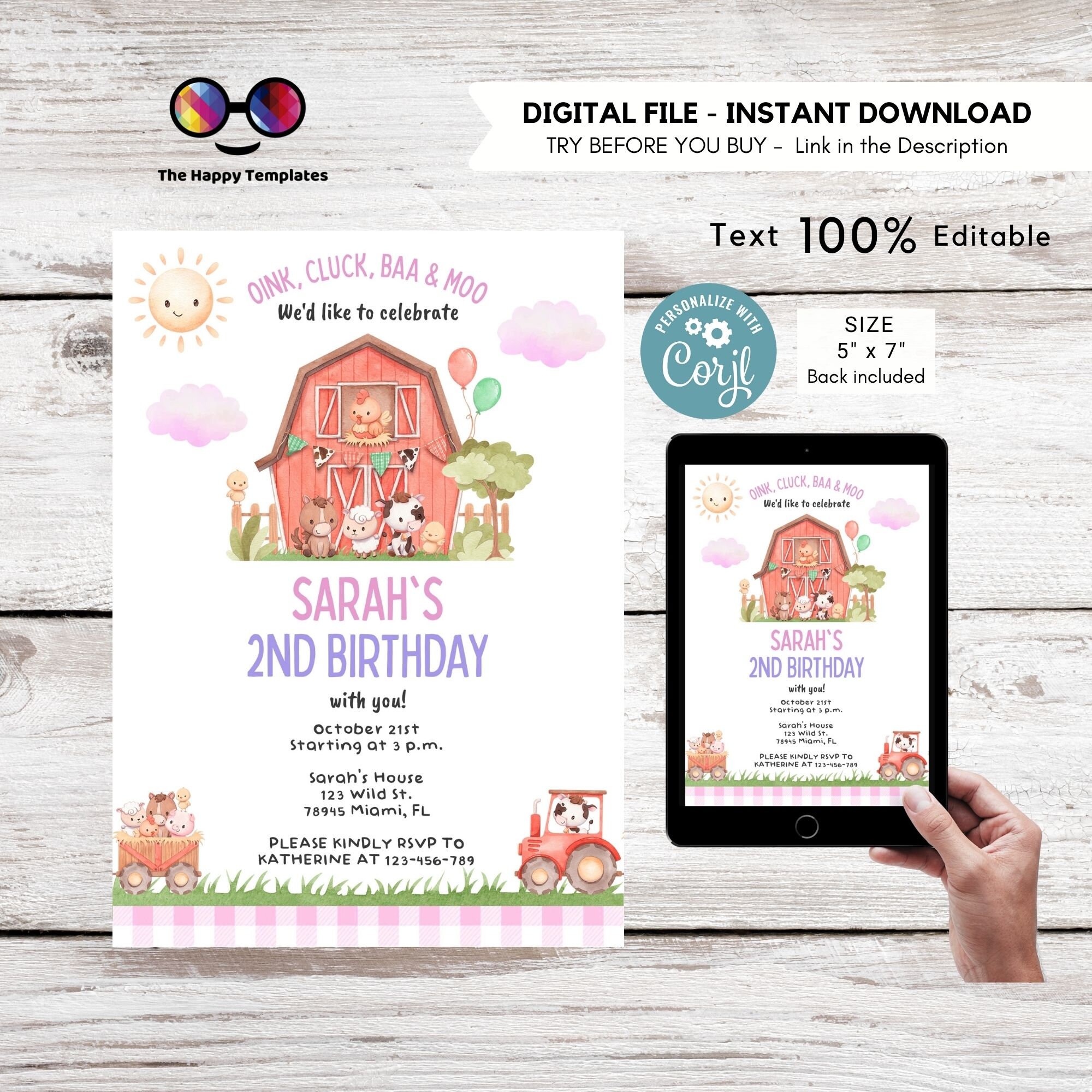 Editable Barn Farm Birthday Invitation Girl | Farm Baby Animals ...