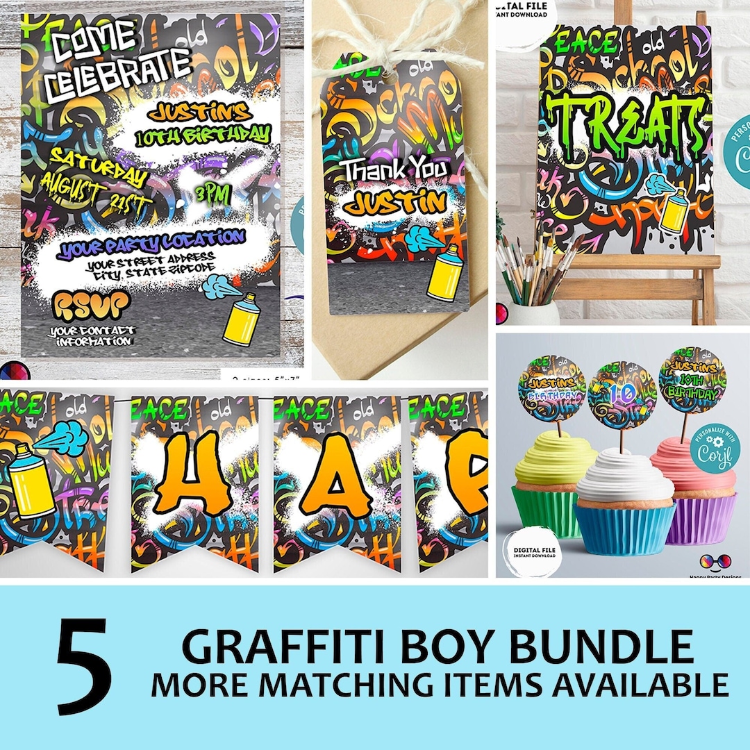 EDITABLE Graffiti Invitation Bundle Birthday Banner, Cupcake Toppers, Thank You Tag, Sign Girl