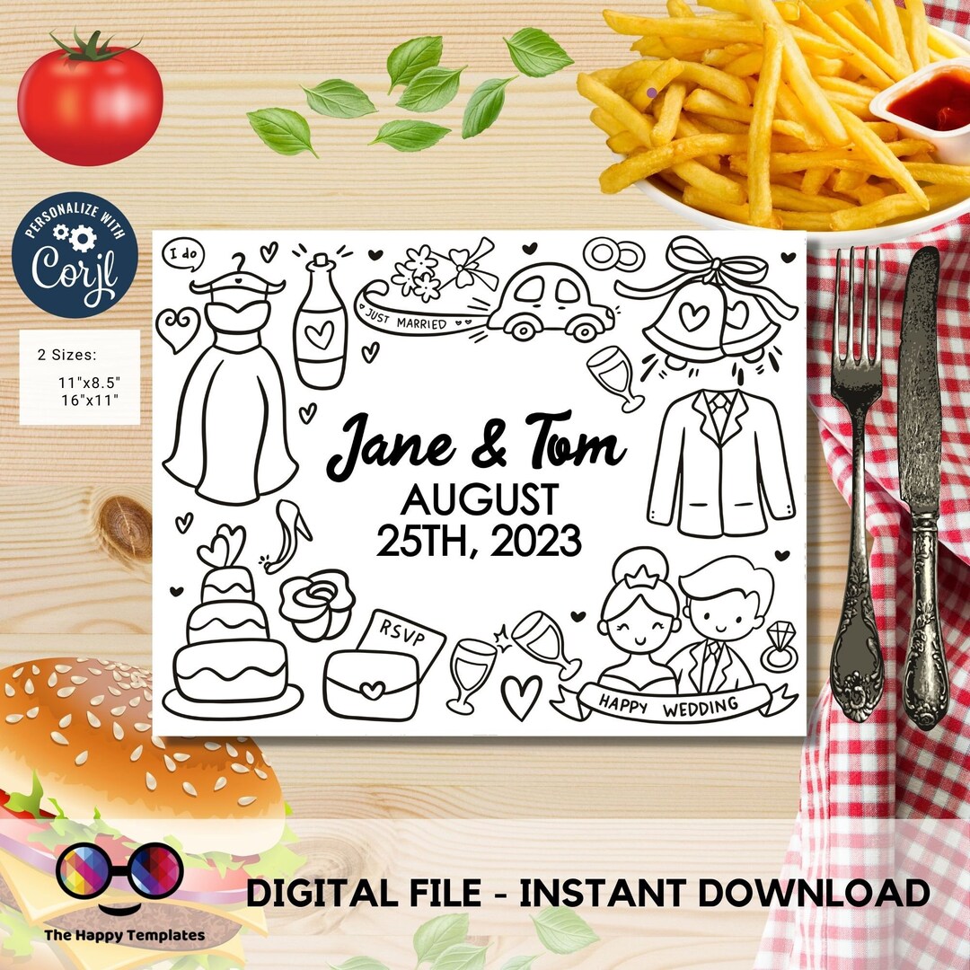 Editable Wedding Coloring Page Wedding Day Activity Placemat for Kids Kids Table Bride and Groom