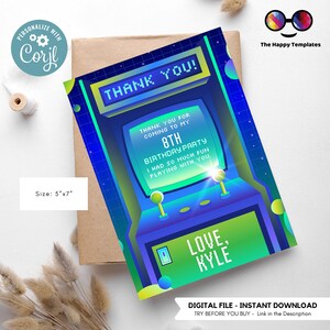 Bearbeitbare Arcade Dankeskarte | Arcade Party | Geburtstagskind | Geburtstag Postkarte | Neon Blau Grün | Videospieler-Party | Junge #K248