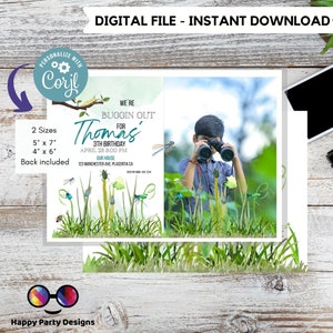 Editable Bug Birthday Photo Invitation Insect Party Bugging Outdoor bug Hunt Bugs Boy Download Printable Invitation Template Digital #K49