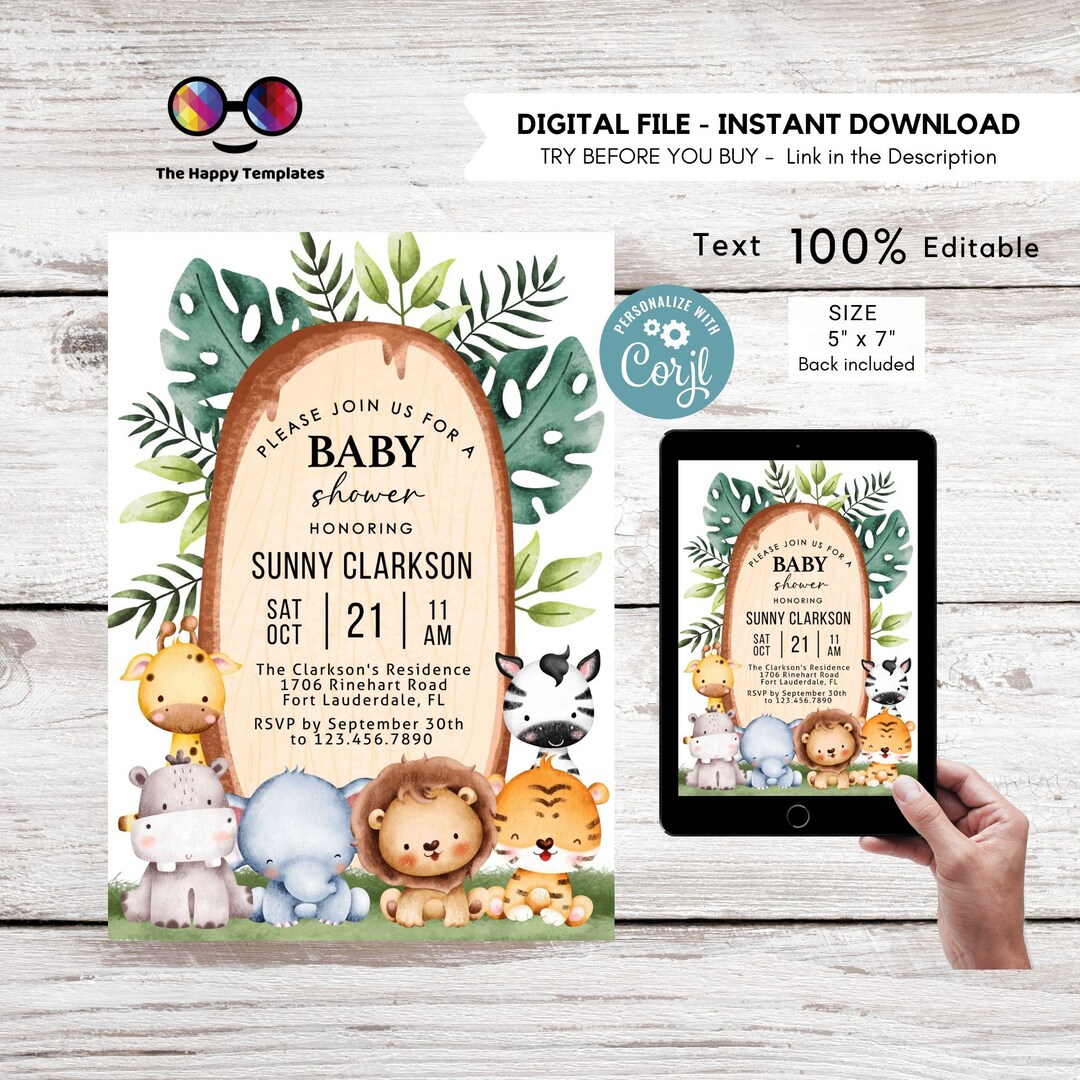 Editable Safari Baby Shower Invitation Cute Baby Animals Baby Shower