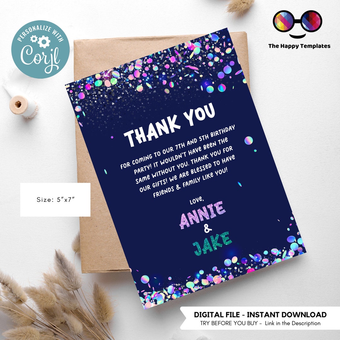 EDITABLE Sibling Birthday Thank You Card Any Age! Double Birthday