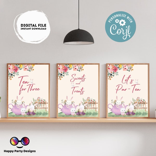 Editable tea party signs | birthday | baby shower | tea for three | Buffet Sign | Dessert Table Sign | Template | Baby | Floral tea #K120