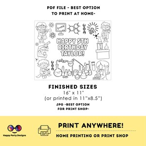 Puede incluir: Un dise&ntilde;o imprimible en blanco y negro con un tema cient&iacute;fico con vasos de precipitados, tubos de ensayo y una bombilla. El texto "HAPPY 5TH BIRTHDAY TAYLOR!" est&aacute; incluido en el dise&ntilde;o. El tama&ntilde;o final es de 16 pulgadas por 11 pulgadas.