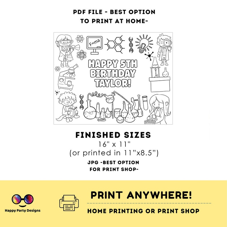 Puede incluir: Un dise&ntilde;o imprimible en blanco y negro con un tema cient&iacute;fico con vasos de precipitados, tubos de ensayo y una bombilla. El texto "HAPPY 5TH BIRTHDAY TAYLOR!" est&aacute; incluido en el dise&ntilde;o. El tama&ntilde;o final es de 16 pulgadas por 11 pulgadas.