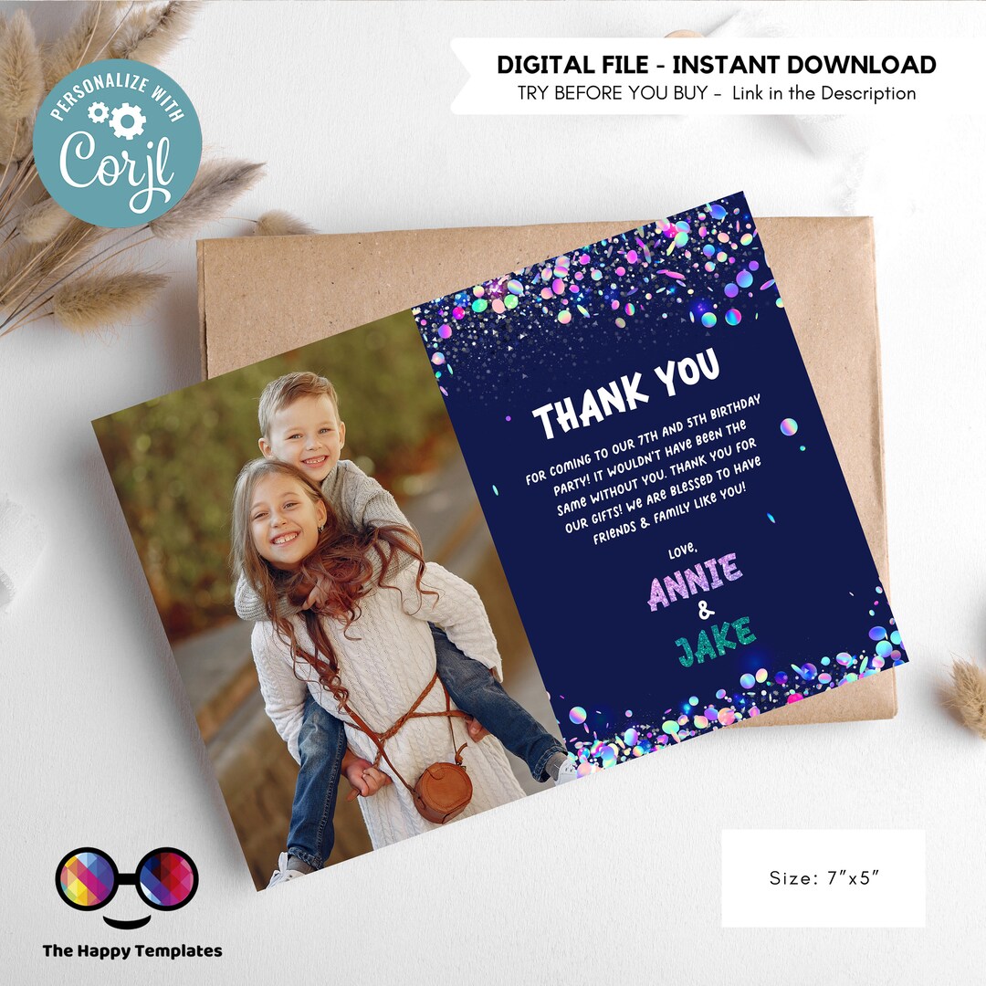 EDITABLE Sibling Birthday Thank You Card With Photo Any Age! Double