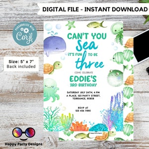 Can&#39;t you sea it&#39;s fun to be three template Invitation | Editable Ocean Invitation | under the sea party | boy birthday | any age #K230