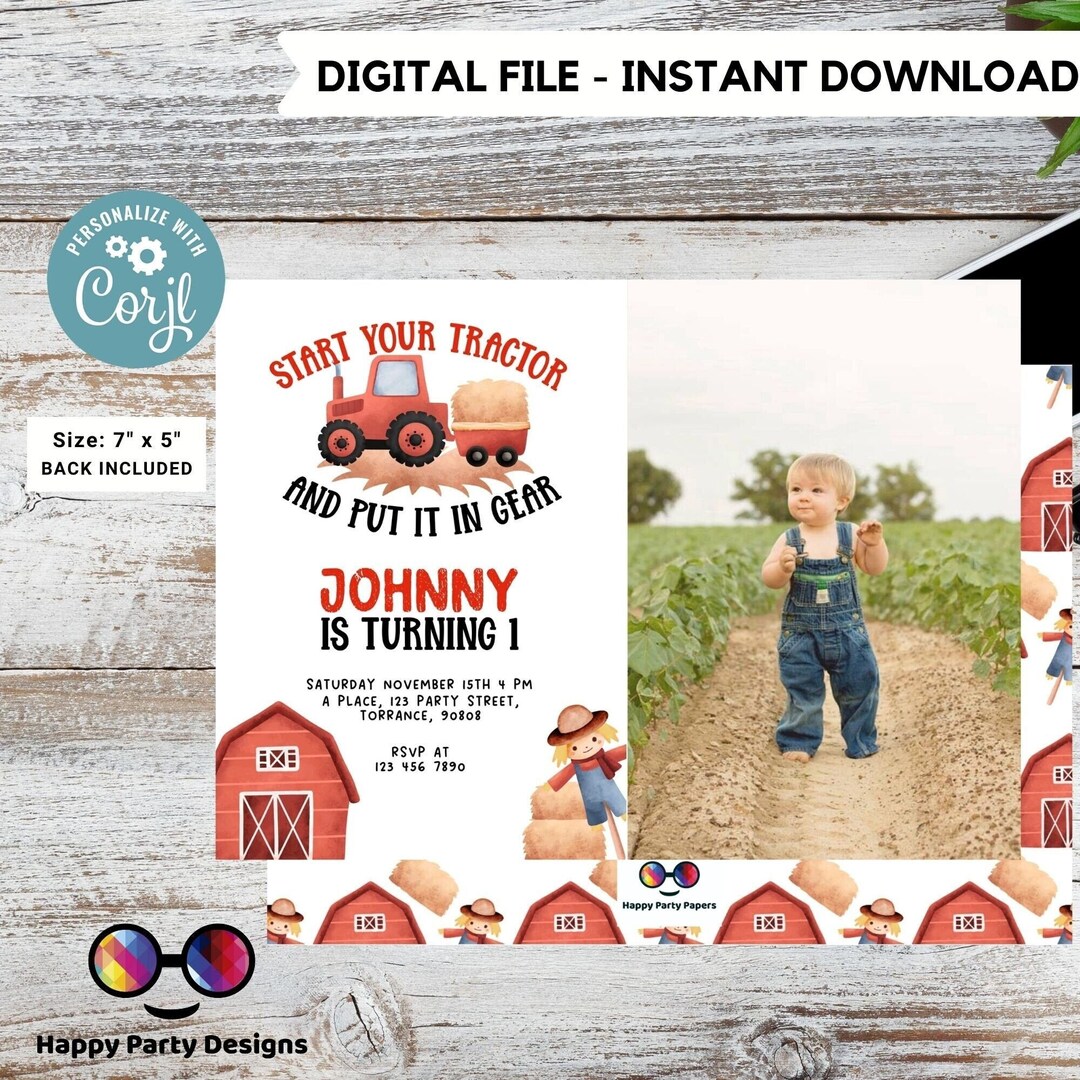 Boy Tractor Birthday Party Invitation With Photo | Editable Farm ...
