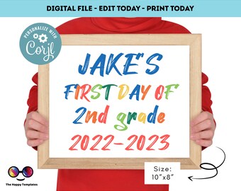 Editable First day of 2nd grade | Second grade Sign | 1st Day of 2nd grade Sign | personalized school sign | Colorful letters boy sign #K368