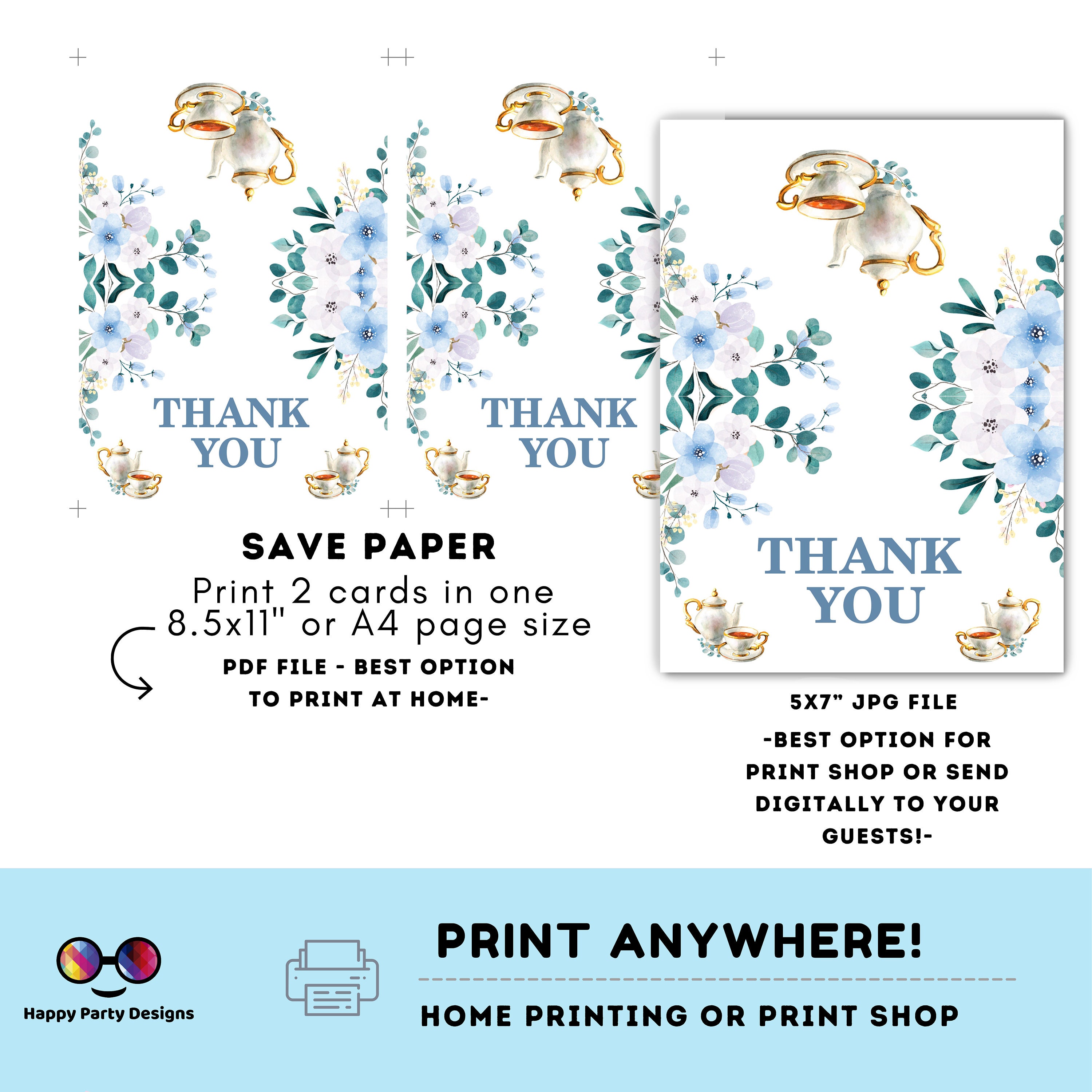 Editable Tea Party Thank You Card | Birthday | Baby Shower ...