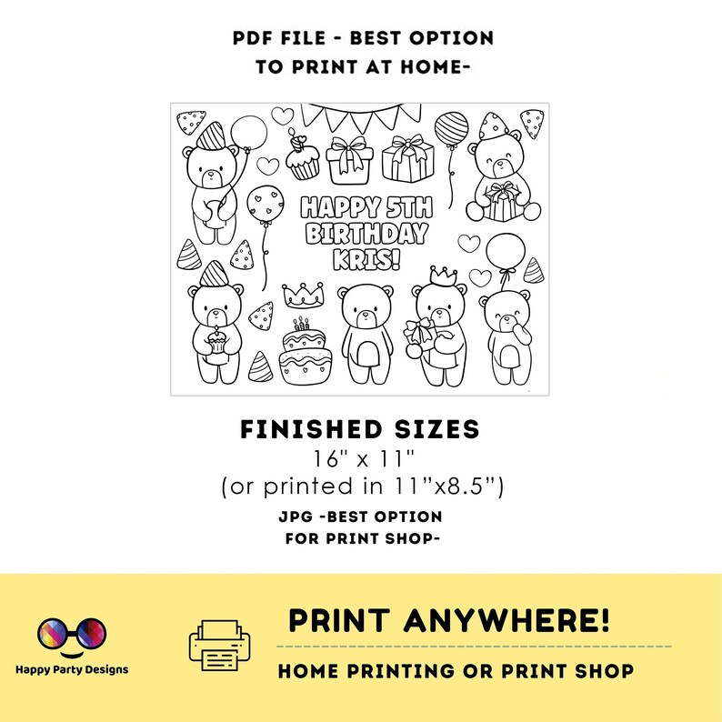 Editable teddy bear coloring page | Placemat coloring page | Any Age | Baby shower | Baby shower activity | party placemat | Bear party image 4
