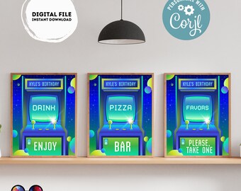 May include: Three printable signs for a birthday party. Each sign features a retro arcade game design with a blue and green color scheme. The signs say "Drink, Enjoy", "Pizza, Bar", and "Favors, Please, Take One".