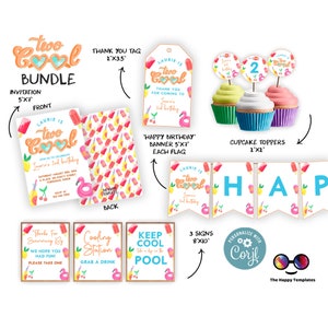Pode incluir: Um pacote de festa imprimível para um aniversário de dois anos com tema de verão. O pacote inclui um convite de 12,7x17,8 cm, uma faixa de 12,7x17,8 cm, toppers para cupcakes, uma etiqueta de agradecimento e três placas de 20,3x25,4 cm. O design apresenta um flamingo rosa, picolés e o texto "Laurie is two cool".