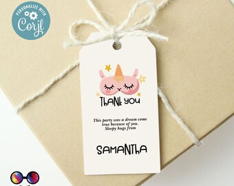 May include: A pink unicorn wearing a sleep mask with gold stars and a gold horn. The text "Thank you" is above the unicorn. The text "This party was a dream come true because of you. Sleepy hugs from SAMANTLA" is below the unicorn.