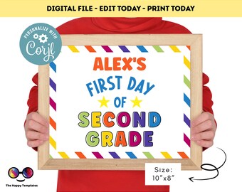 Editable First day of 2nd grade | Second grade Sign | 1st Day of 2nd grade Sign | personalized school sign |School sign color stripes  #K363