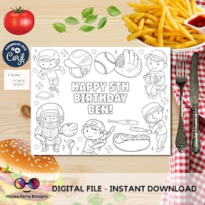 Página para colorear de cumpleaños de béisbol editable / Fiesta deportiva / Página para colorear de béisbol / Niños jugando béisbol para colorear mantel Editar en línea #K253