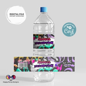 May include: A clear plastic water bottle with a blue cap and a custom label. The label features graffiti-style art with the text "ANDREAS 10TH BIRTHDAY". Additional text includes "DIGITAL FILE INSTANT DOWNLOAD" and "PERSONALIZE WITH Corjl".