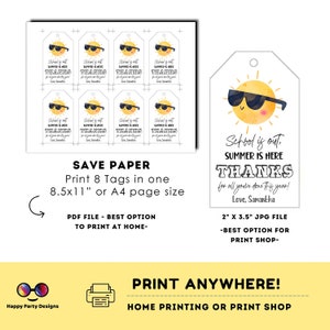 Teacher Appreciation Gift Tag Template | Editable Sunshine Thank You Tag | Printable Schools Out | End of Year Favor | summer Tag #SCH1 image 4