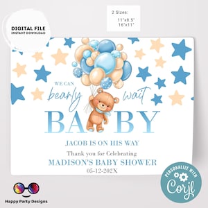 Napperon modifiable de baby shower d’ours et de ballons | Douche de bébé ours en peluche | Petit garçon | décor de baby shower bleu | baby shower garçon #B22