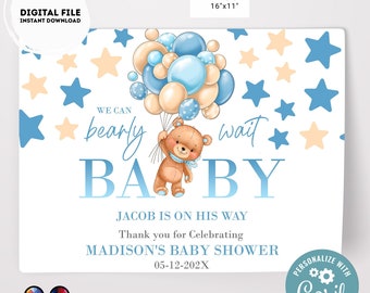 Bearbeitbares Babyparty-Tischset mit Bär und Luftballons | Teddybär Babyparty | Baby Junge | Baby Shower Dekor blau | Junge Babyparty #B22
