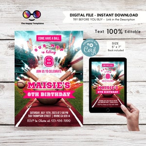 Honkbal verjaardagsuitnodiging | Honkbal uitnodiging | Honkbal verjaardagsfeestje roze | Sportuitnodiging | Uitnodiging voor sportverjaardag #K381
