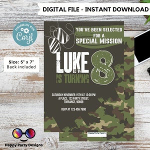Invitation d'anniversaire de l'armée modifiable pour enfants | Invitations imprimables de fête d'anniversaire d'armée | Tout âge | Fête de l'armée anniversaire garçon | Badges d'identification #K241