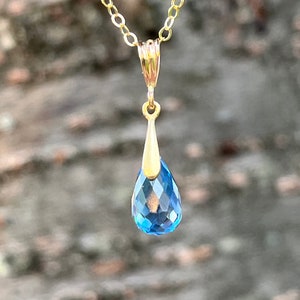 Solid Gold London Blue Topaz Necklace, December Birthstone, Blue Teardrop Pendant, Gold Filled Chain, Blue Jewelry, Gift for Mother’s Day
