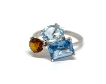 Blue Topaz, Aquamarine, and Tourmaline white gold ring, 18k Solid Gold Gift For Her